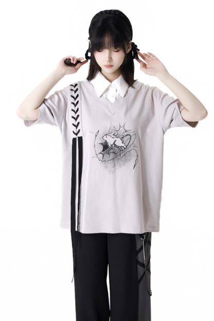 モードなトップスTシャツパンツワイド+デザインレースアップウエスト