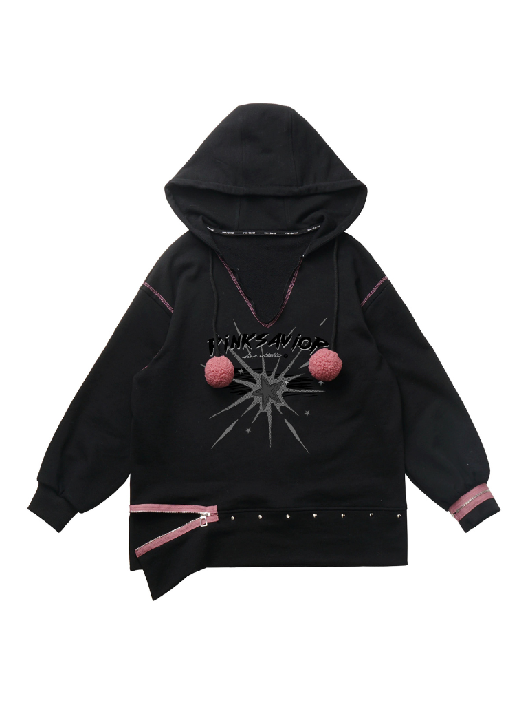 Fur Ball Zip Slit V-Neck Hoodie + Halter Neck Cami Top