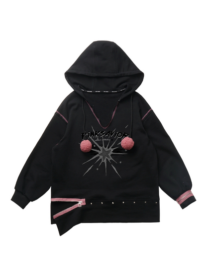 Fur Ball Zip Slit V-Neck Hoodie + Halter Neck Cami Top