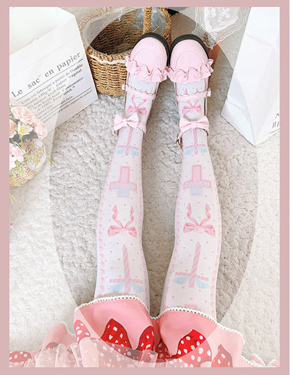 Black/Pink/Blue Sweet  Lolita Cross and Bowknot Print Overknee Stockings