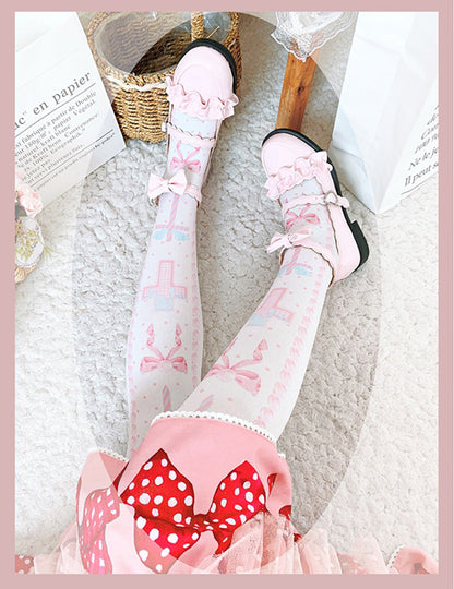 Black/Pink/Blue Sweet  Lolita Cross and Bowknot Print Overknee Stockings