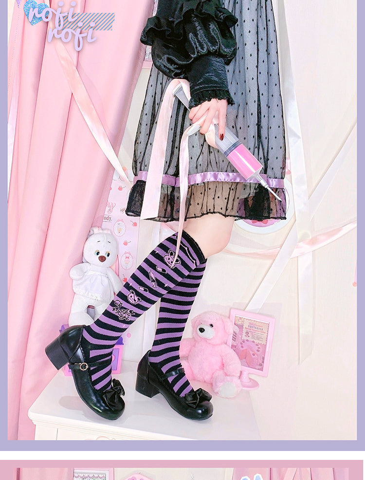 Bunny Print Sweet Lolita Underknee Striped Stockings