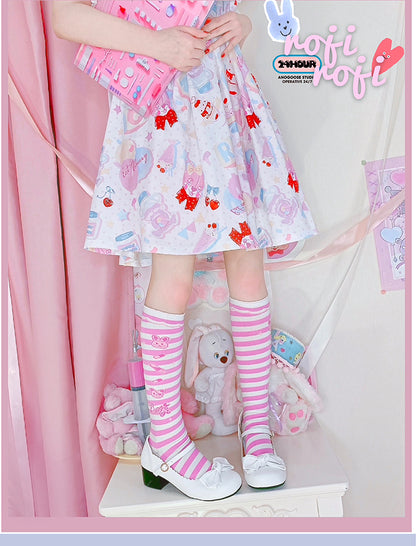 Bunny Print Sweet Lolita Underknee Striped Stockings