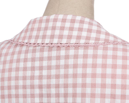 Rosa kariertes Hemd mit Peter-Pan-Kragen und kurzen Puffärmeln