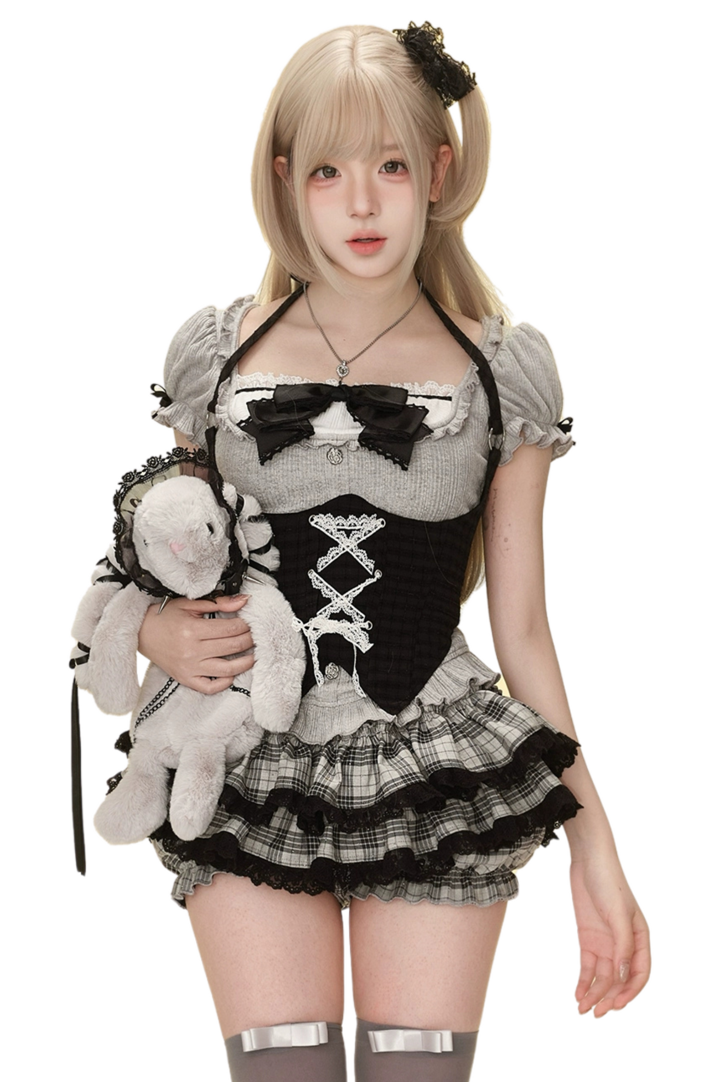 ベルト+ランゲージスカート ムーンライトトップ ブラックチェックウエスト シークレットケーキ