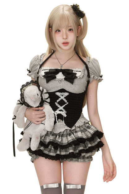 ベルト+ランゲージスカート ムーンライトトップ ブラックチェックウエスト シークレットケーキ