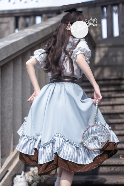 リボンシャツ レトロなヘアゴム ご予約＋ブローチ アリス風クリップスカート サスペンダー