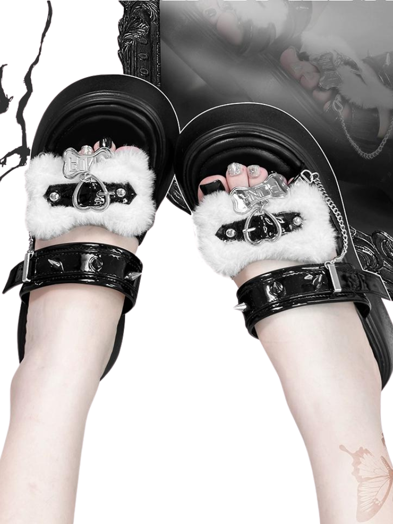 Rivet Sandal Chain Flat Platform Punk Fur