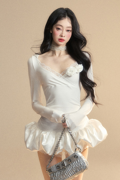 Ballon-Kurzes Spitzenkleid mit Kapuze und Ballettkern