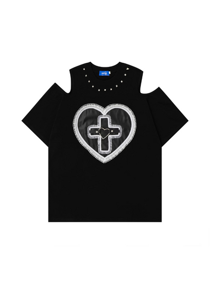 Shoulder Cross Love Street Off T-Shirt Lace Rivet
