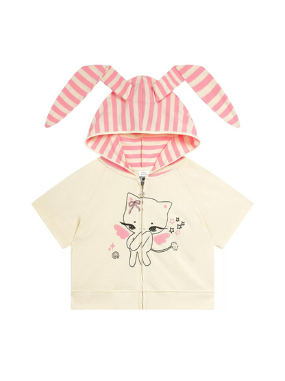 Bunny Print Short Angel Hoodie Zip Ears Cat T-Shirt