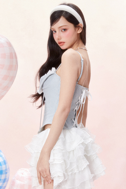 Ribbon Lace Camisole Ruffle Denim