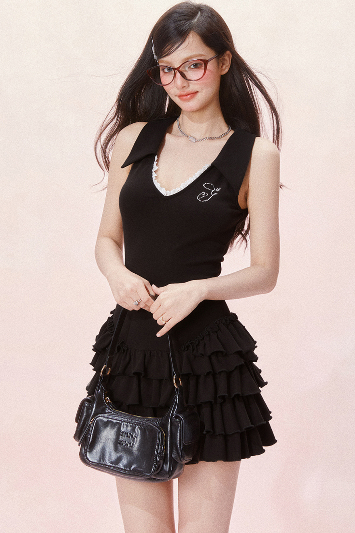 Schlankes Cake Dress Fit Ärmellos Schick Rüschen V-Ausschnitt