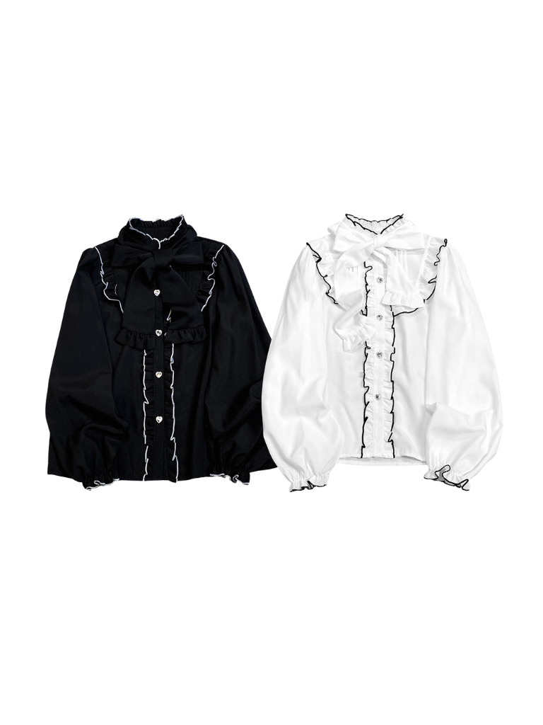 Color Sleep Frill Stand Volume Ribbon Shirt