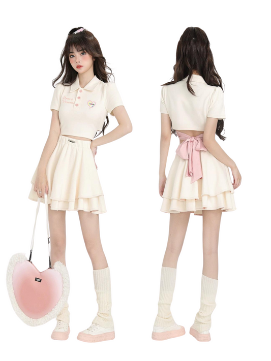 バックスタイルカラーポロリボンスカートシャツバレエショート