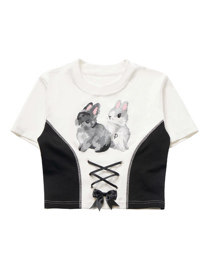 Summer Design Straps Pants Rabbit Off-Shoulder Black White Hoodie Tops Suit