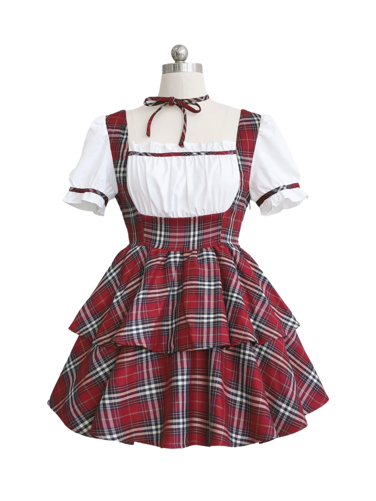 Puffkleid mit Chokerärmeln, schottische Kuchenbandhose, kariert, rot, bauschig