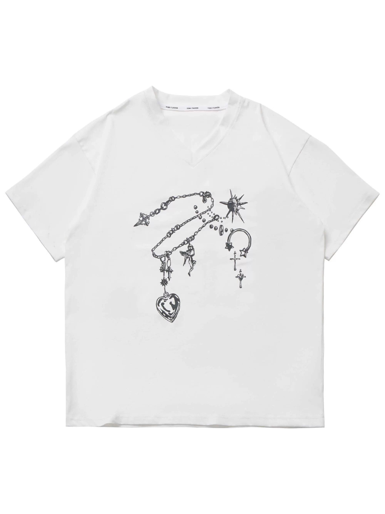 Black T-Shirt V-Neck Print White Gemstone