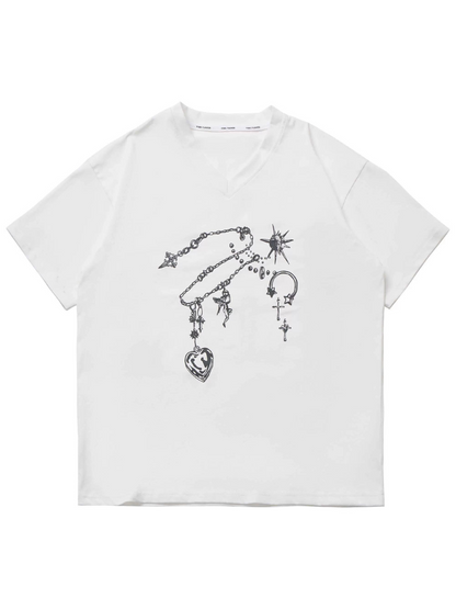 Black T-Shirt V-Neck Print White Gemstone