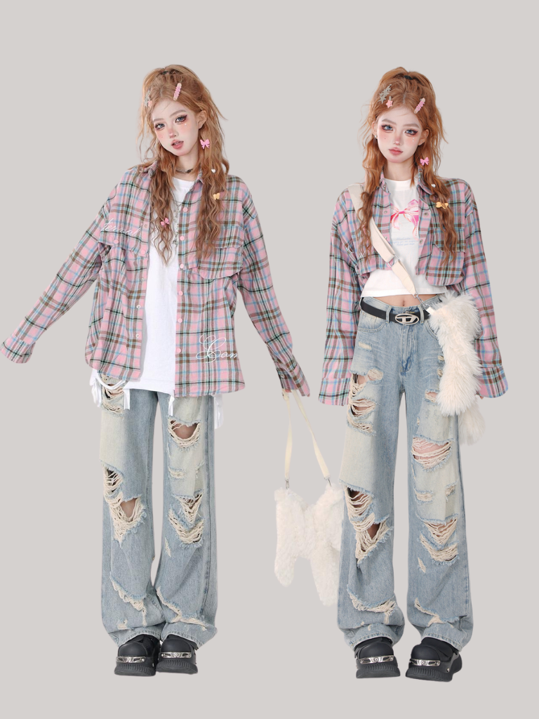 Poloshirt mit Karo-Kragen und langem, abnehmbarem, lockerem