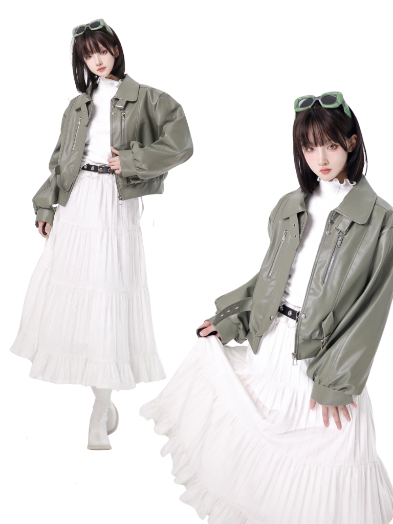 Frische grüne Silberfuchs-Lederjacke mit Glocken-Bet-Oberteil und Rock