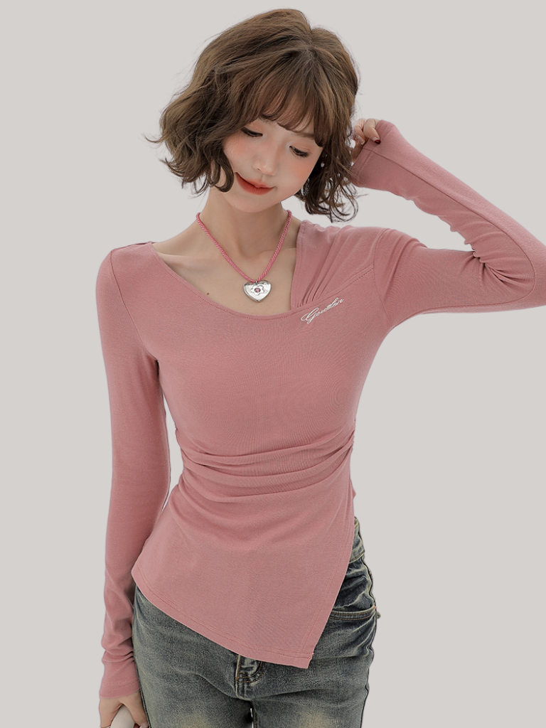 Slim Oblique Long Pleated T Design Shoulder