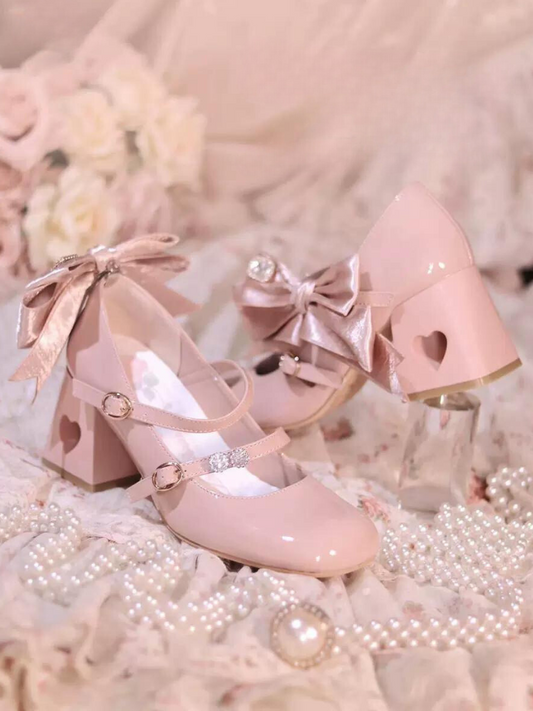 High Ribbon Heart Heel Shoes Ribbon Open Lolita Jewel