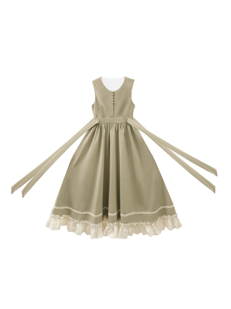 Dress French + Retro Long Ruffle Vest Green Blouse