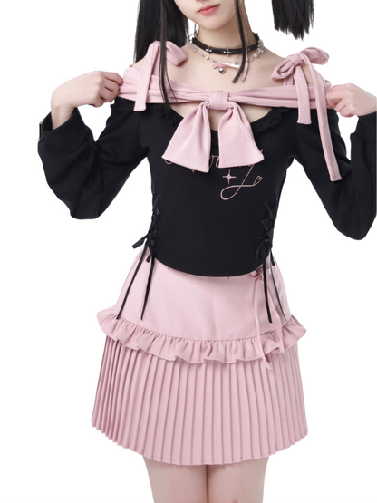 Knit Pink Ribbon + Straps Black Off-Shoulder Top