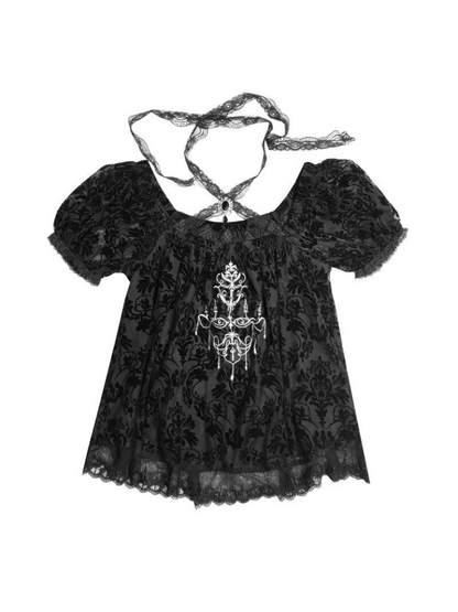 Dunkle Ärmel Puff Top Gothic Stickerei Spitze