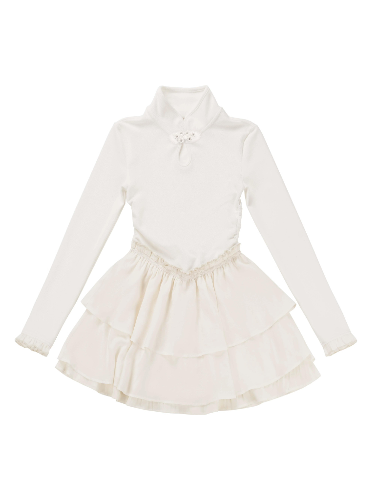 China Hoight Black Knit Springing Waist Frill Turu Dress