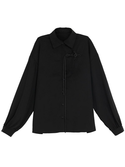 Langes schwarz-graues Hemd, China-Rock-Print + Retro