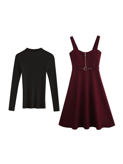 スリムニット レトロハーフ＋サスペンダー タートルネックスカート