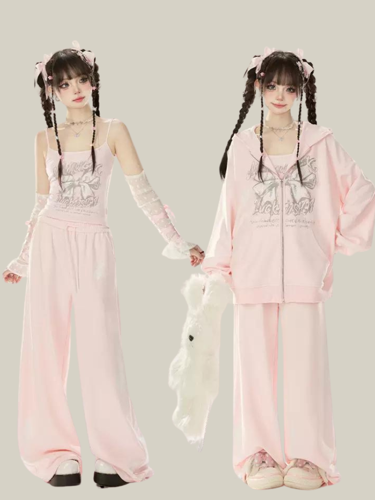 ジップガーリー+ルーズバタフライキャミソールパンツジャケットリボンスウェットシャツフード付きピンク