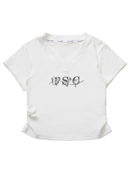 White Waist T-Shirt V-Neck Gray Slim