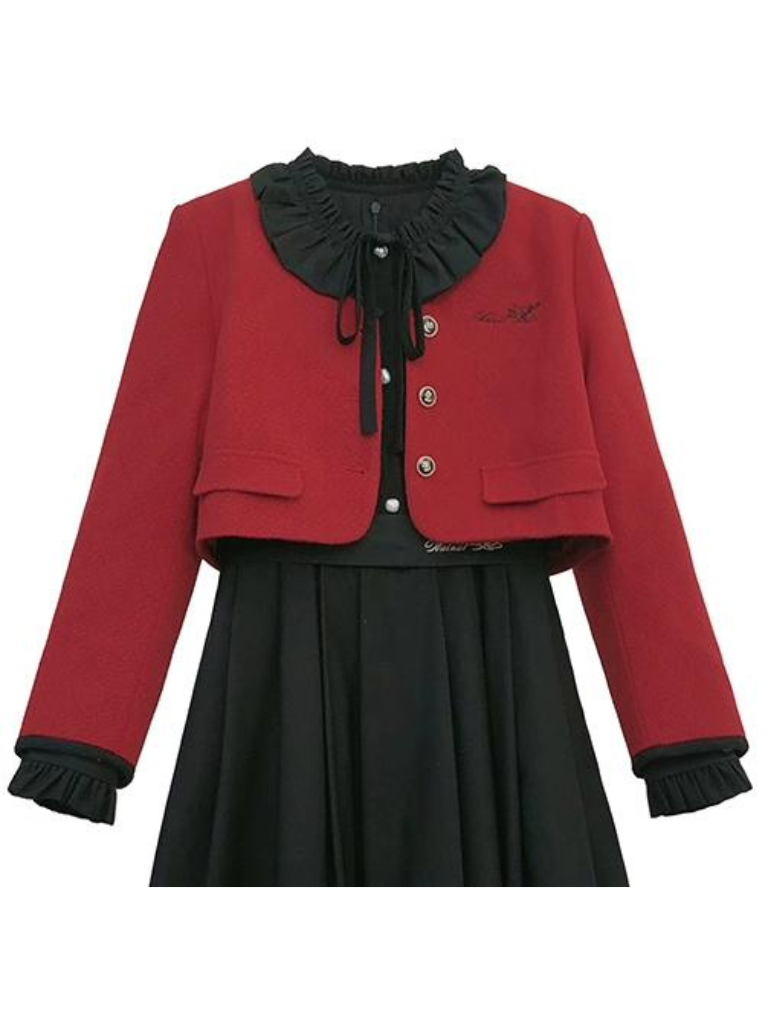 Jacket Red Black Tie Short Suit Elegant Dress Lantern Ruffle Retro + Sleeve Ribbon