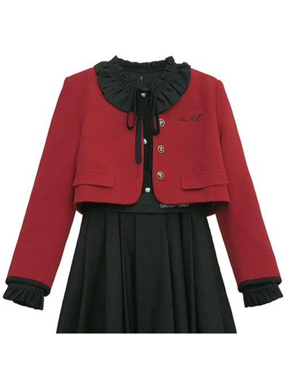 Jacket Red Black Tie Short Suit Elegant Dress Lantern Ruffle Retro + Sleeve Ribbon