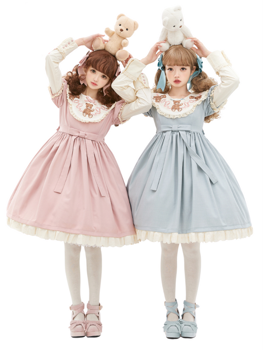 ロリータテディベアフラップレースパフスリーブリボンデレス