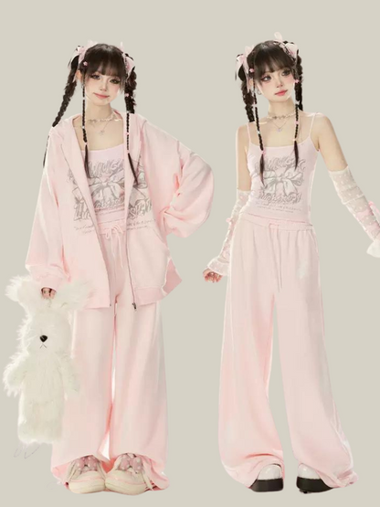 ジップガーリー+ルーズバタフライキャミソールパンツジャケットリボンスウェットシャツフード付きピンク