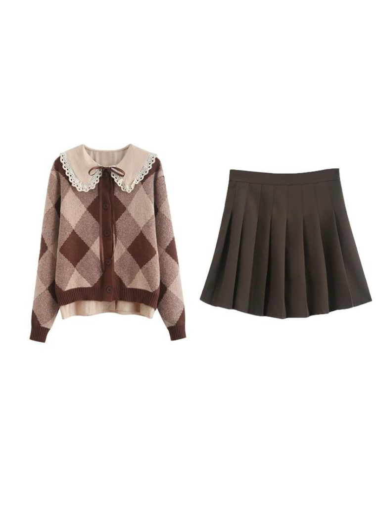 Argyle Rock Plissee Strick Braun Cardigan Retro