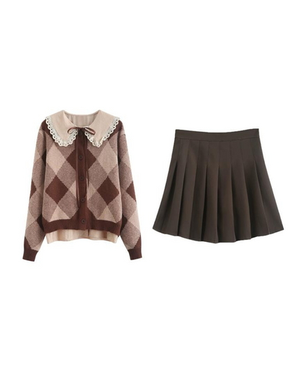 Argyle Rock Plissee Strick Braun Cardigan Retro