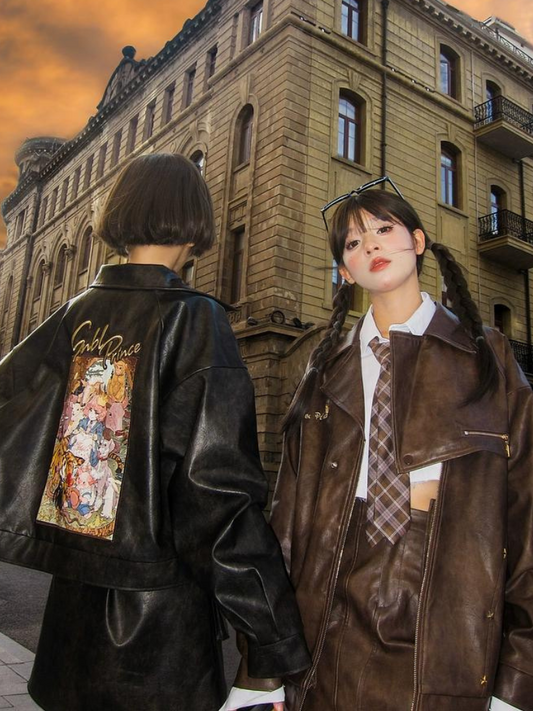 Retro Paint Jacket Leather Oil Pattern + Leather Skirt