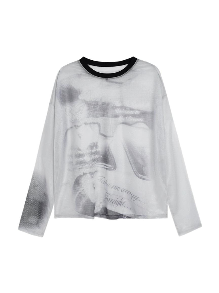 Transparenter Print Grau Top Mode Mesh