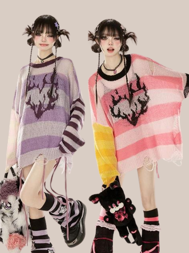 Gestreifter, transparenter Strickpullover mit Kontrast, asymmetrisch, locker