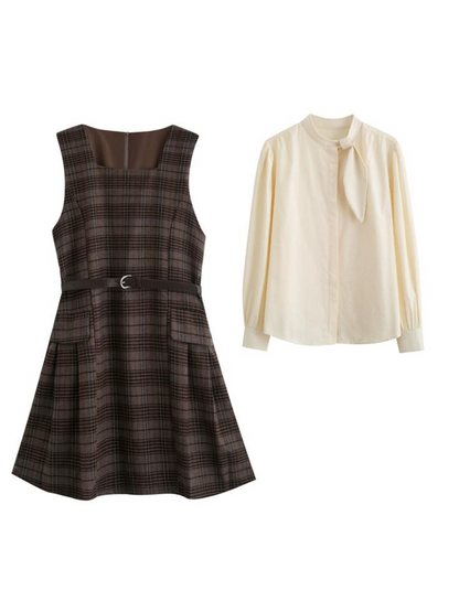 Karierter Rock, Schleifenhemd + Hosenträger