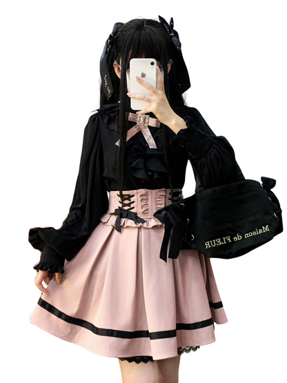 Stand Collar Loose Ruffle Volume Sleeve Ribbon Shirt