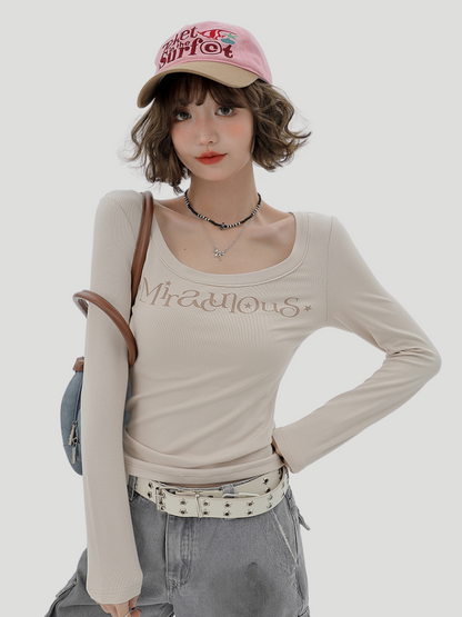 Milk T Long U-Neck Print Logo Tea American