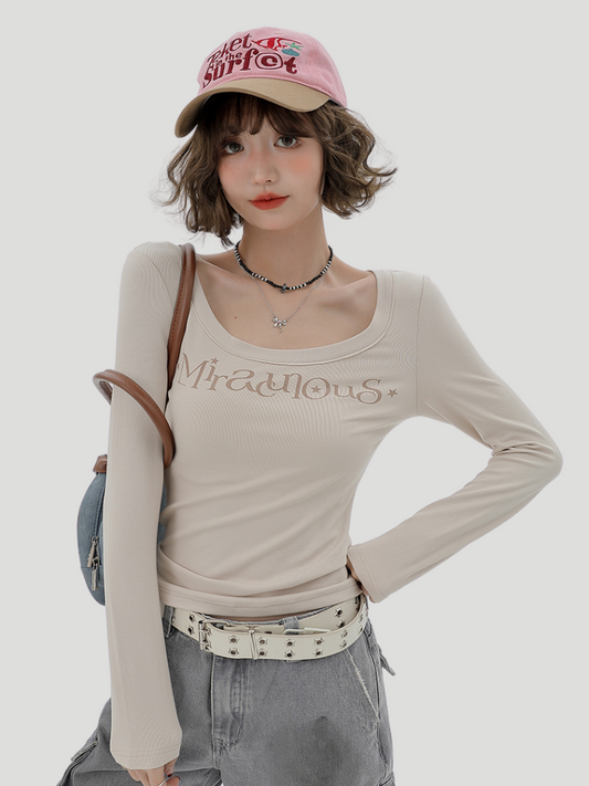 Milk T Long U-Neck Print Logo Tea American