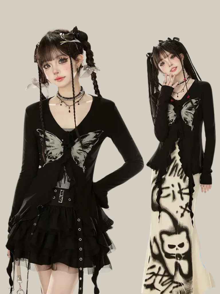 バタフライプリントスリムカーディガンリボンフリル