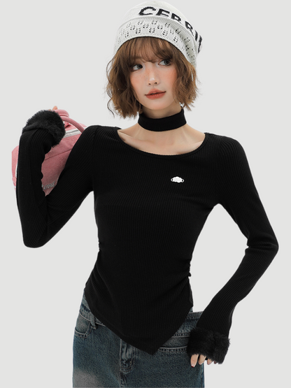 Slim Neck Fur T Collar Mode Long Sleeve